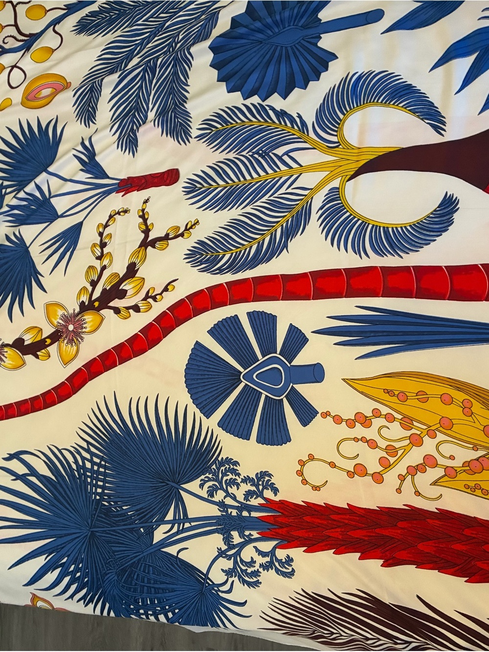 Tropical Botanical Print Scarf - Blue, Red & Yellow Oversized for a Sarong